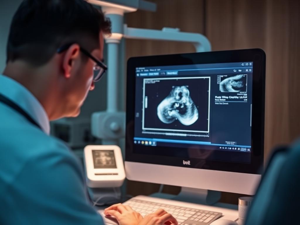 Especialista analizando imágenes de un ecocardiograma