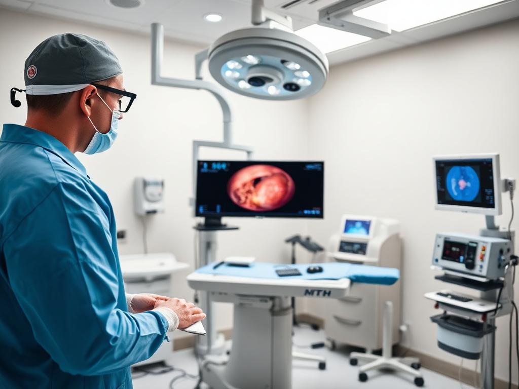 Sala de endoscopia digestiva con monitor y equipo especializado
